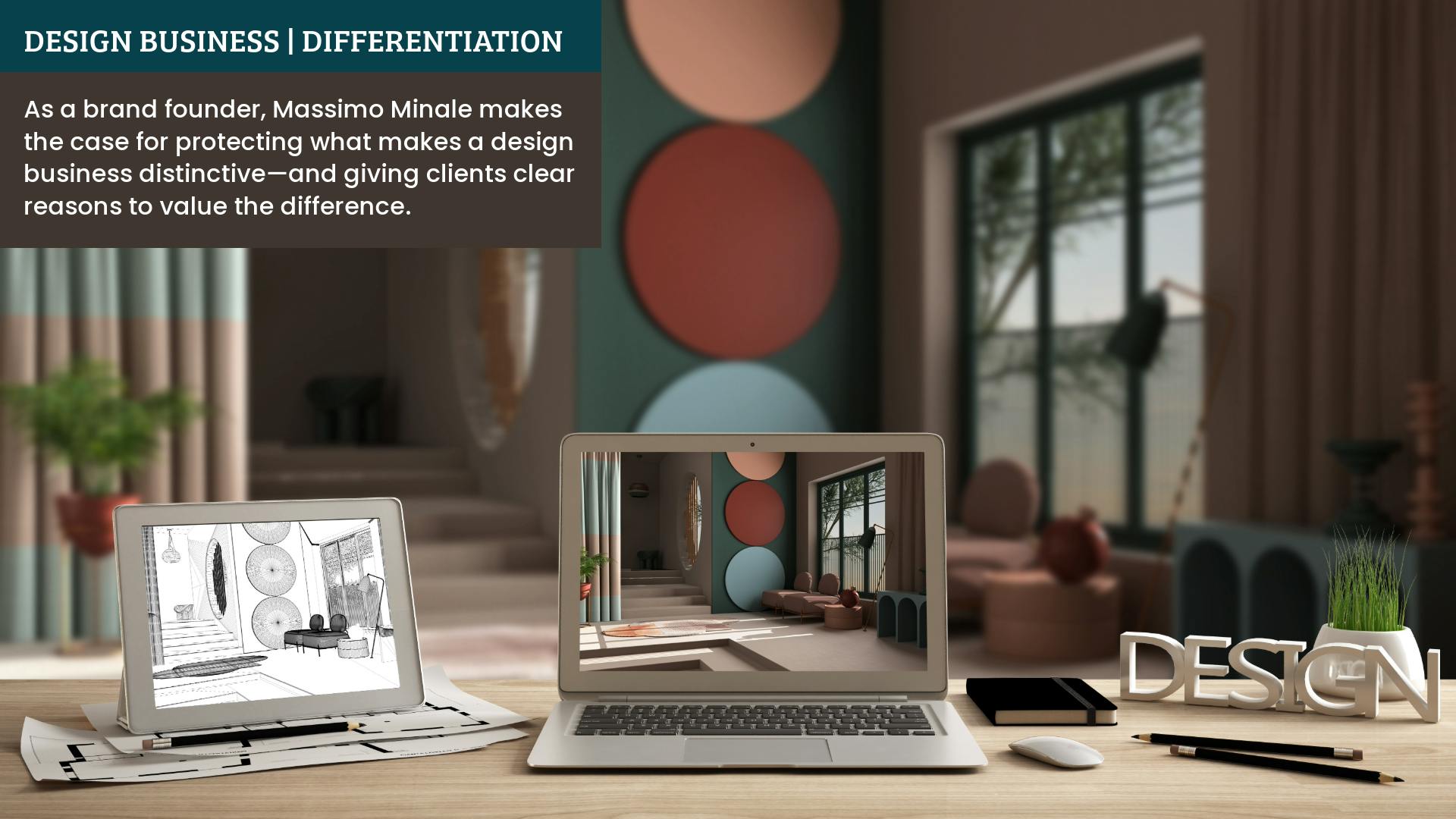 Designer desktop concept, laptop and tablet on wooden desk with screen showing interior design project and CAD sketch, blurred draft background, colored flat living room