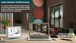 Designer desktop concept, laptop and tablet on wooden desk with screen showing interior design project and CAD sketch, blurred draft background, colored flat living room