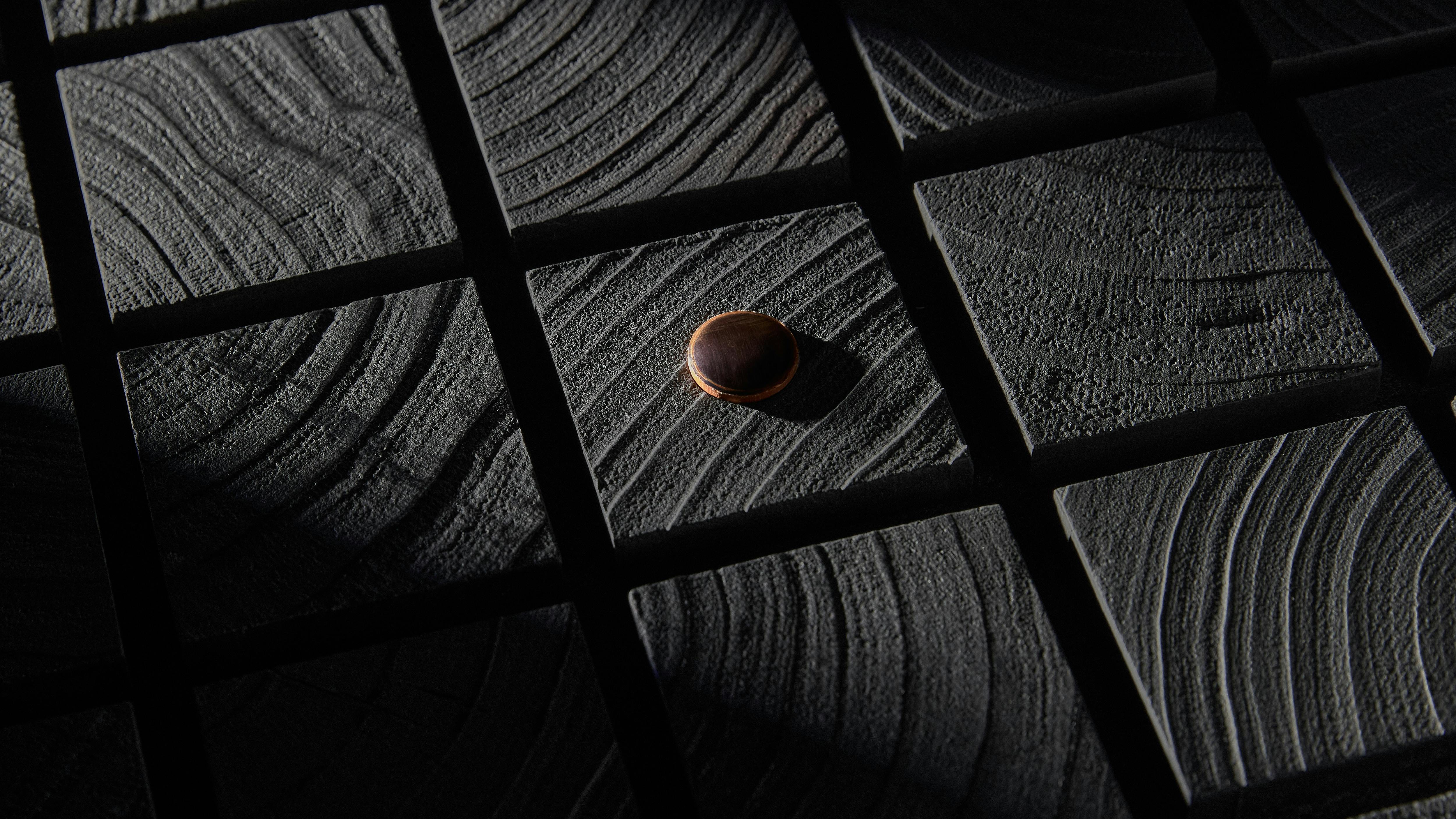 The Sagrado Panel adds gothic character with Shou Sugi Ban solid larch wood squares with solid copper medallion inlays.