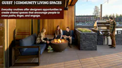 Large stone-paved patio with wooden overhang and firepit, built-in grill, and lounge seating