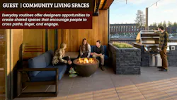 Large stone-paved patio with wooden overhang and firepit, built-in grill, and lounge seating