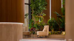 Lounge seating in boutique hotel with wood paneling and large plants in background.