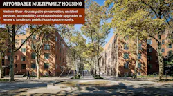 Exterior courtyard view of restored brick buildings and fountain at Harlem River Houses