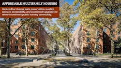 Exterior courtyard view of restored brick buildings and fountain at Harlem River Houses